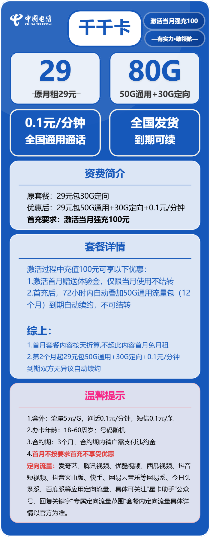 电信千千卡，29元月租包50G通用流量+30G定向流量+通话0.1元月租/分钟