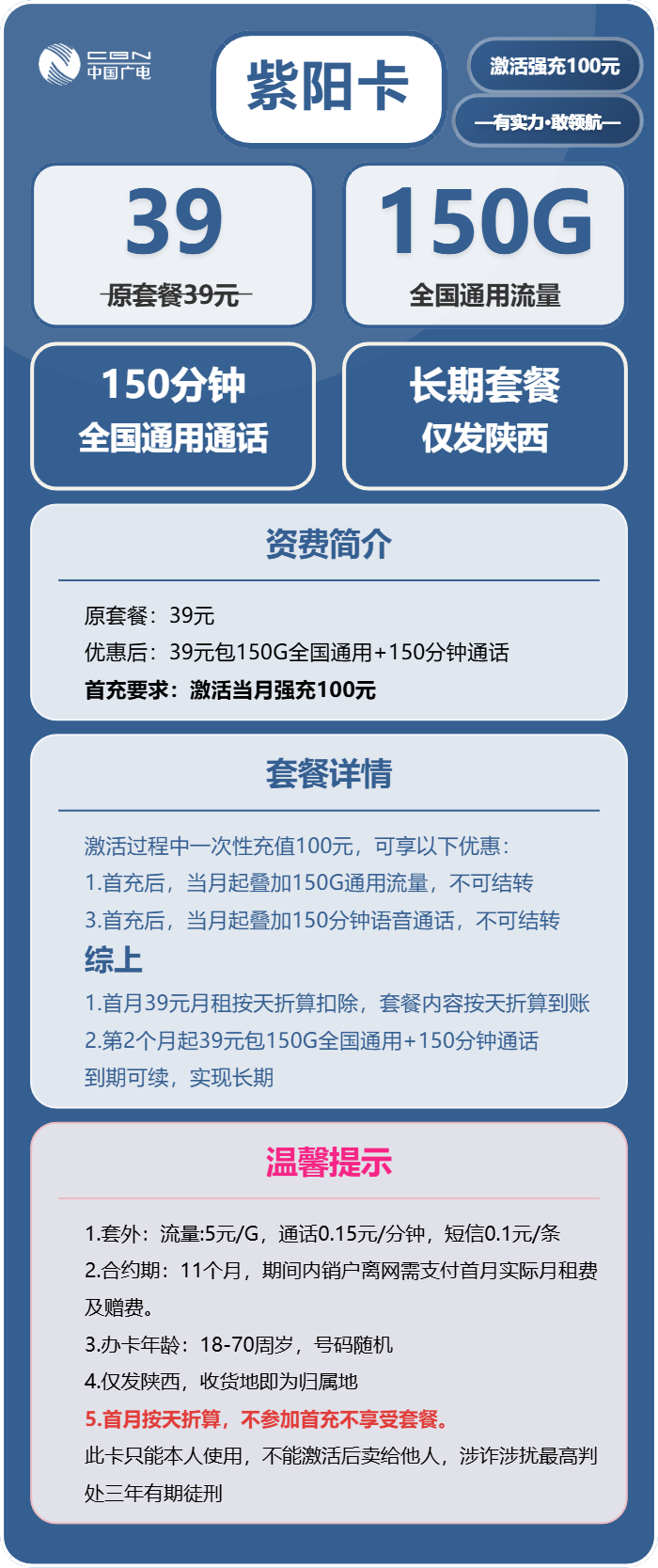 广电紫阳卡39元包150G通用+150分钟通话