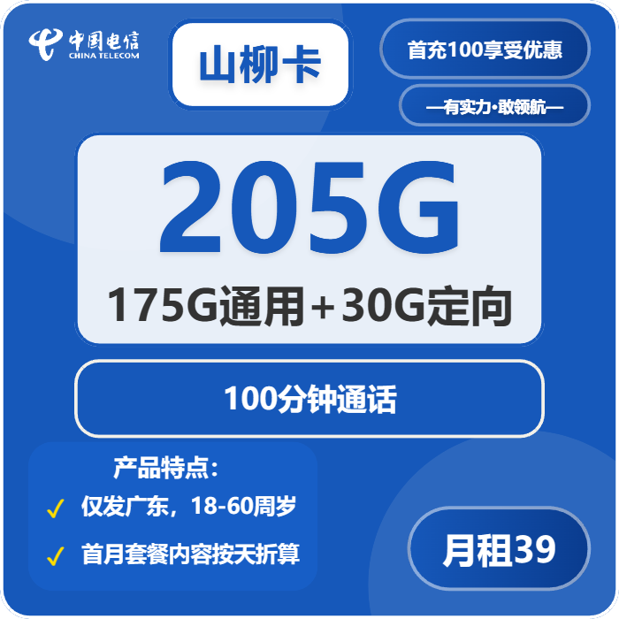 电信山柳卡39元包175G通用+30G定向+100分钟通话-卡七七