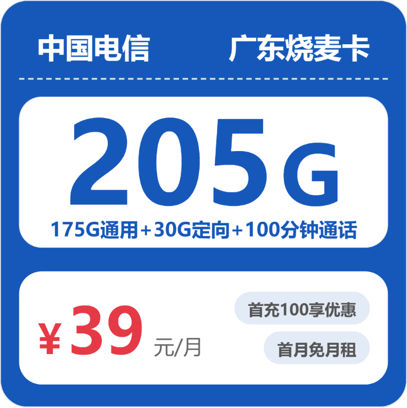 电信广东烧麦卡39元包205G+100分钟-卡七七