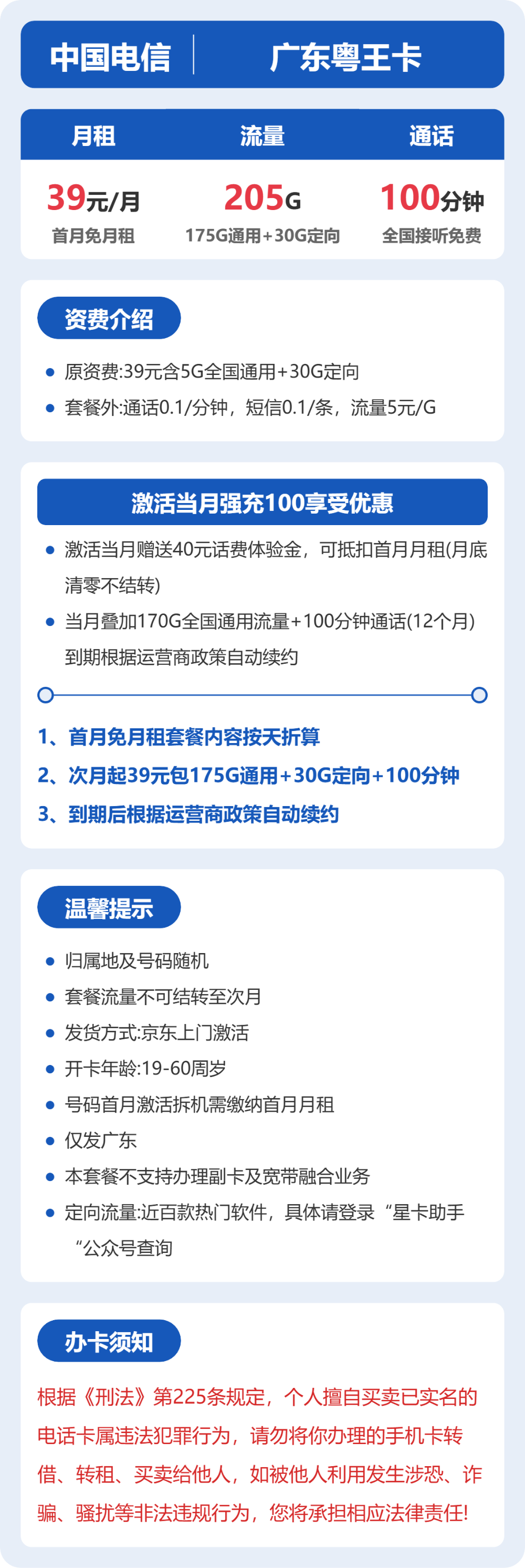 电信广东粤王卡:39元包205G+100分钟