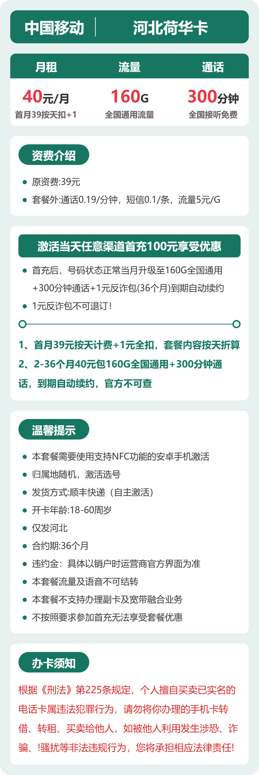 移动河北荷华卡:40元包160G+300分钟