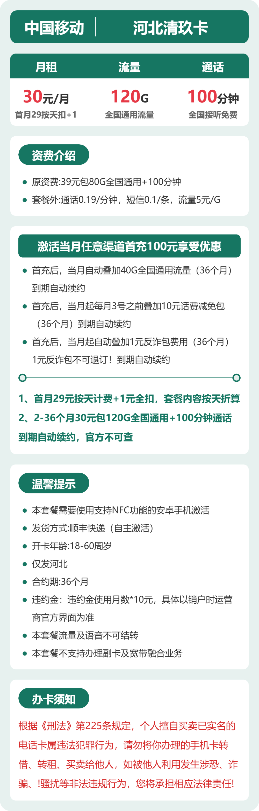 移动河北清玖卡:30元包120G+100分钟