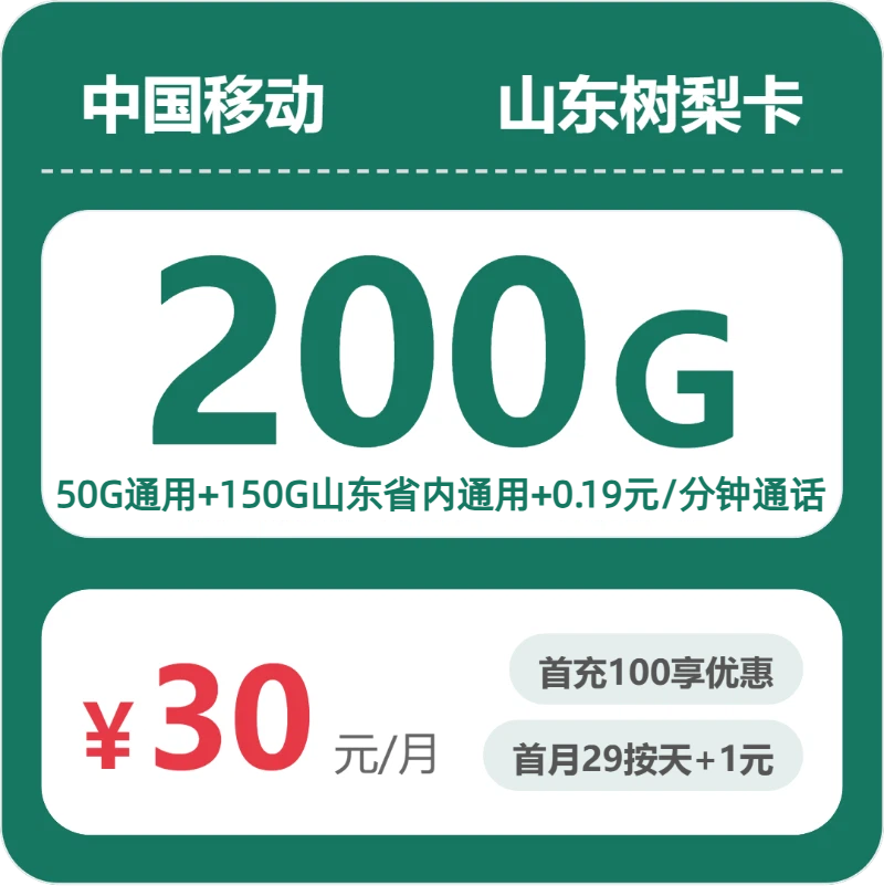 移动山东树梨卡30元包200G+0.19元/分钟-卡七七