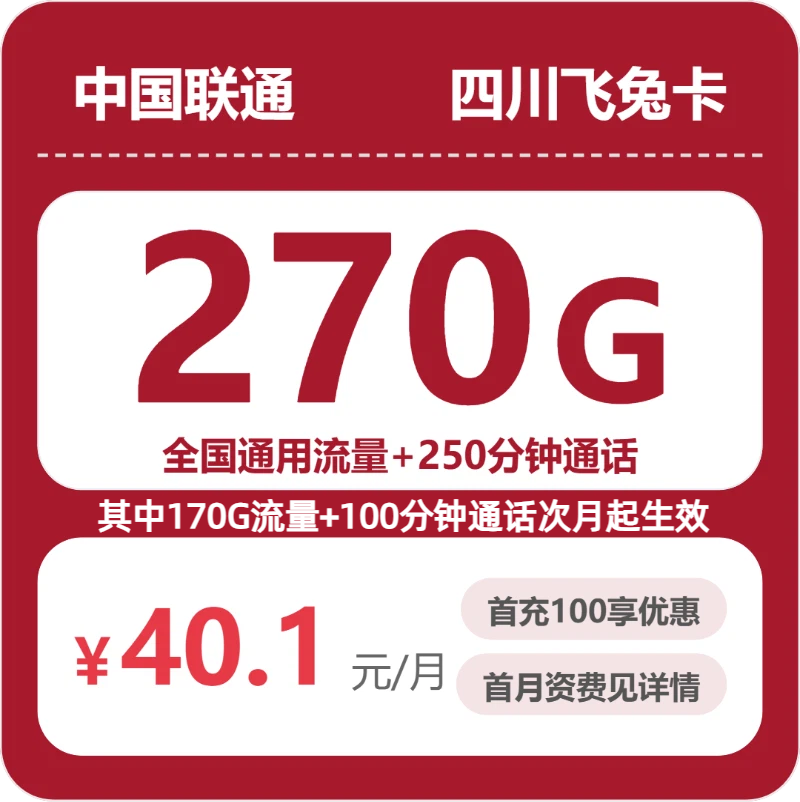 联通四川飞兔卡：40.1元包270G通用+250分钟通话