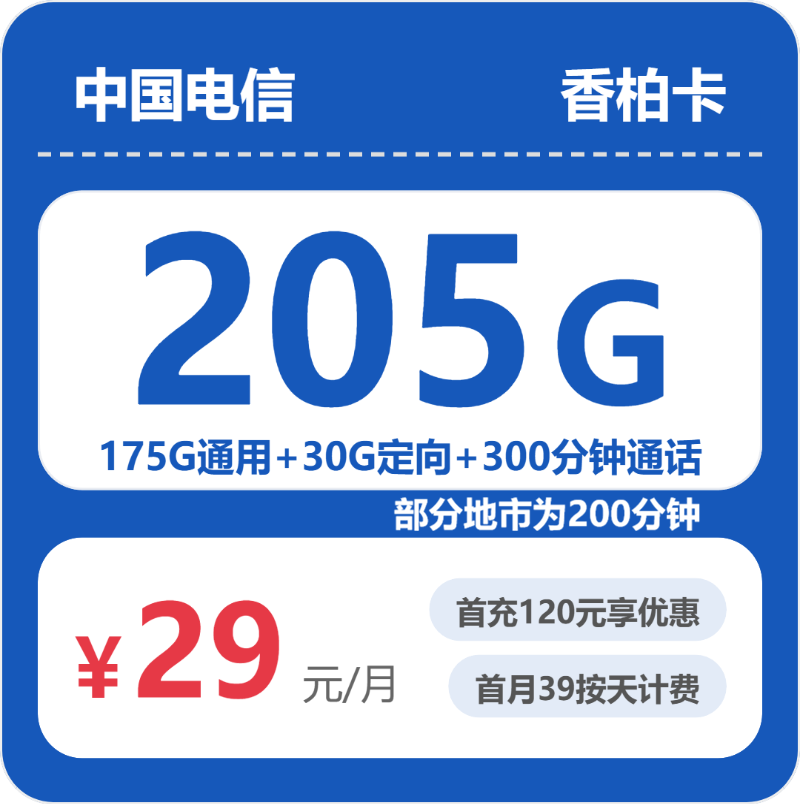 电信省内香柏卡：29元包205G+300分钟通话