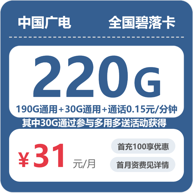 2026年广电流量卡全解析：广电全国碧落卡31元包220G+0.15元/分钟