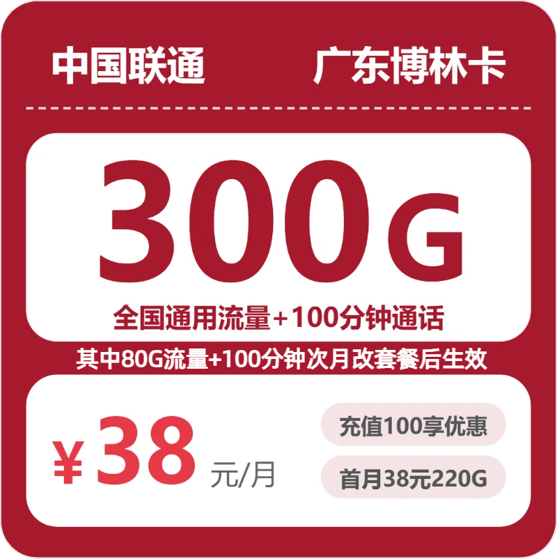 2026年联通流量卡全解析：联通广东博林卡38元包300G+100分钟