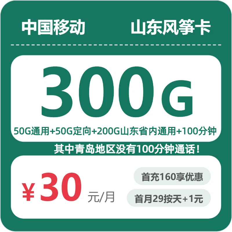 2026年移动流量卡全解析：移动山东风筝卡30元包300G+100分钟