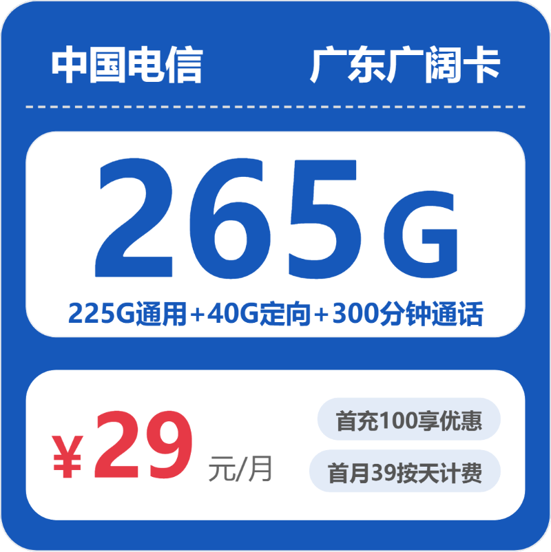 2026年电信流量卡全解析：电信广东广阔卡29元包265G+300分钟
