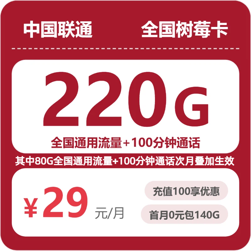 联通全国树莓卡怎么样？29元月租包220G+100分钟——联通流量卡测评