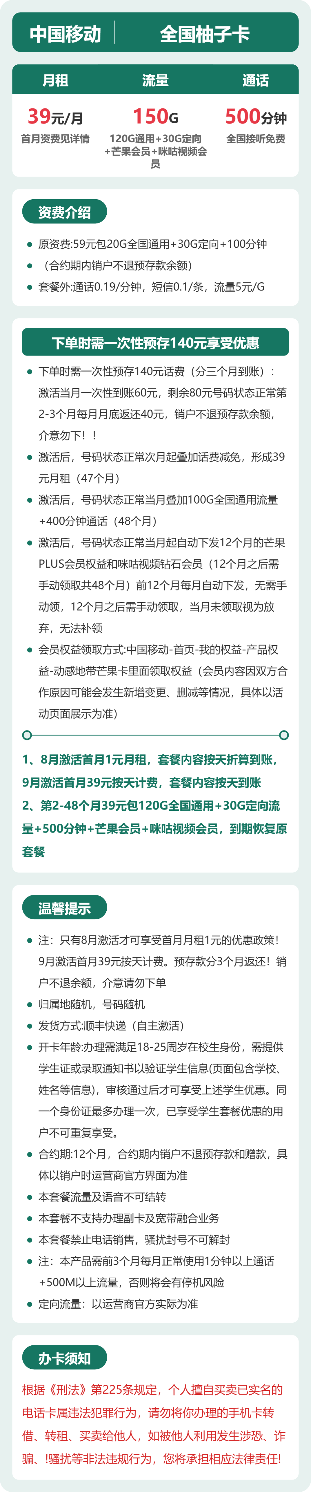 55023-移动全国柚子卡 详情