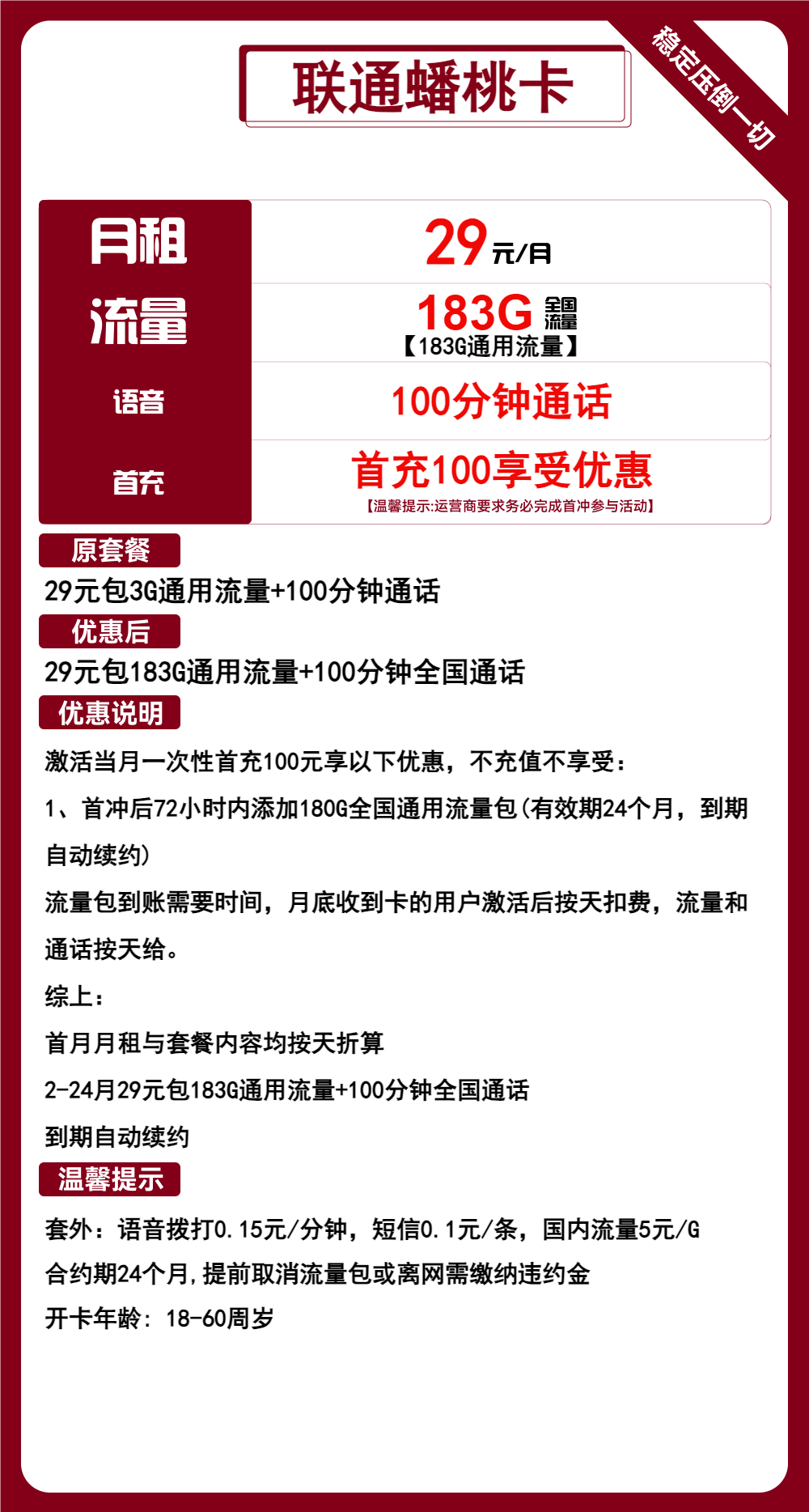 联通蟠桃卡，蟠桃卡29元包183G通用+100分钟通话