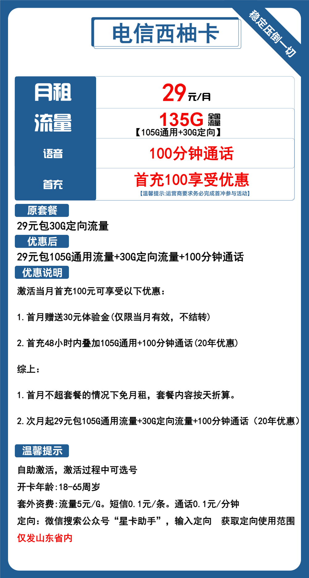 电信西柚卡，29元包105G通用+30G定向+100分钟通话 首月免费 仅发山东 激活号码