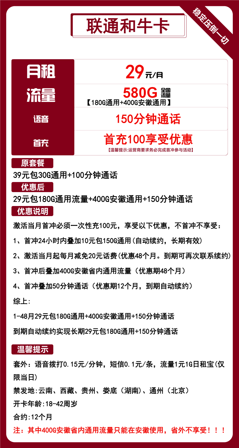 联通和牛卡，29元包180G通用+400G安徽通用+150分钟通话