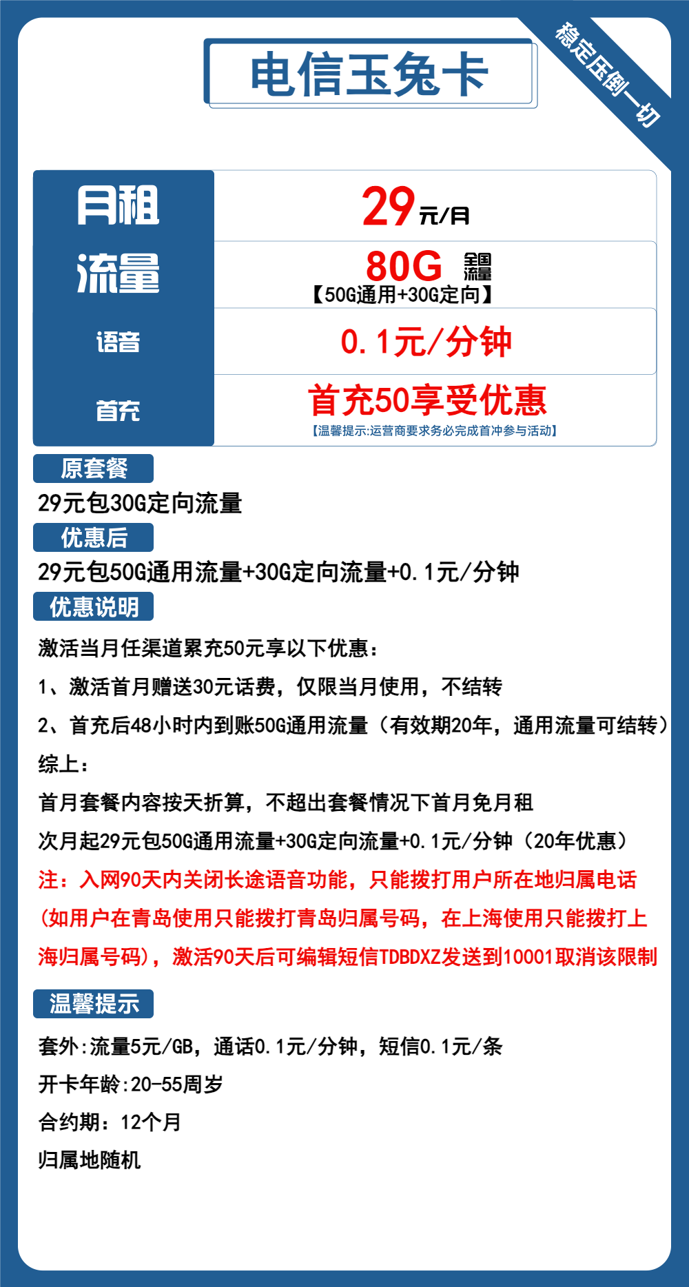 电信玉兔卡，29元包50G通用+30G定向+通话0.1元/分钟