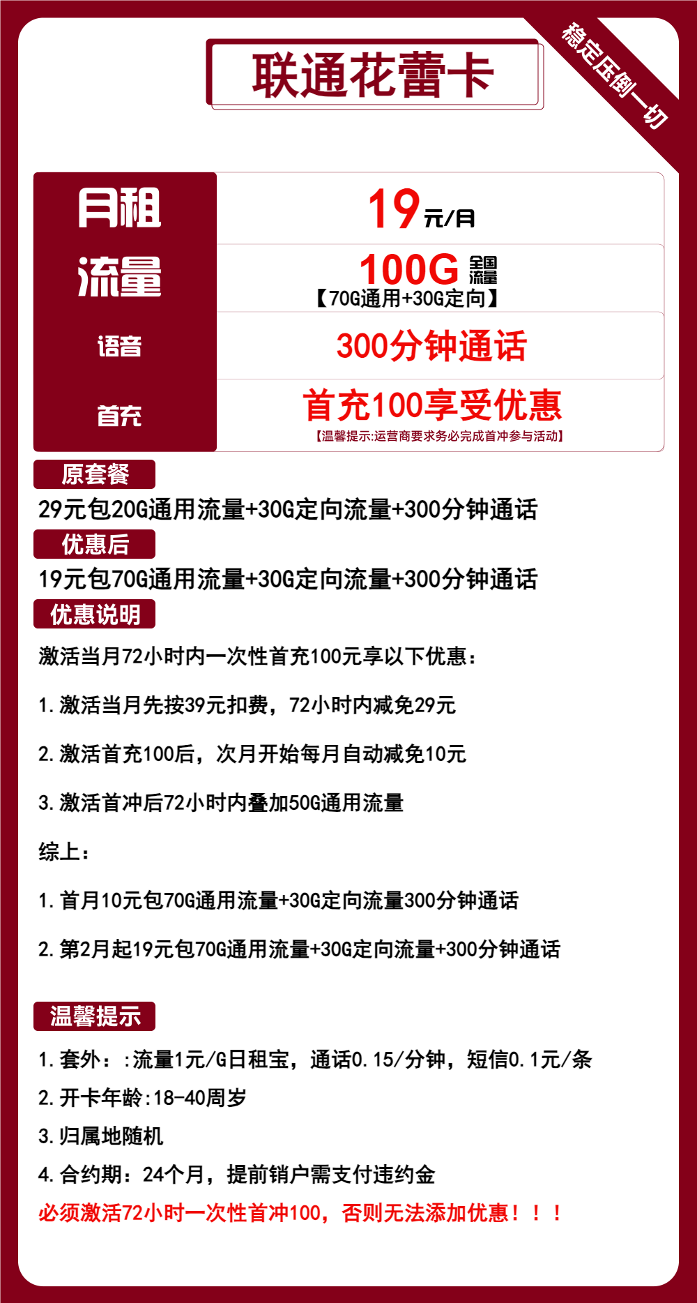 【长期套餐】联通花蕾卡19元包70G通用+30G定向+300分钟