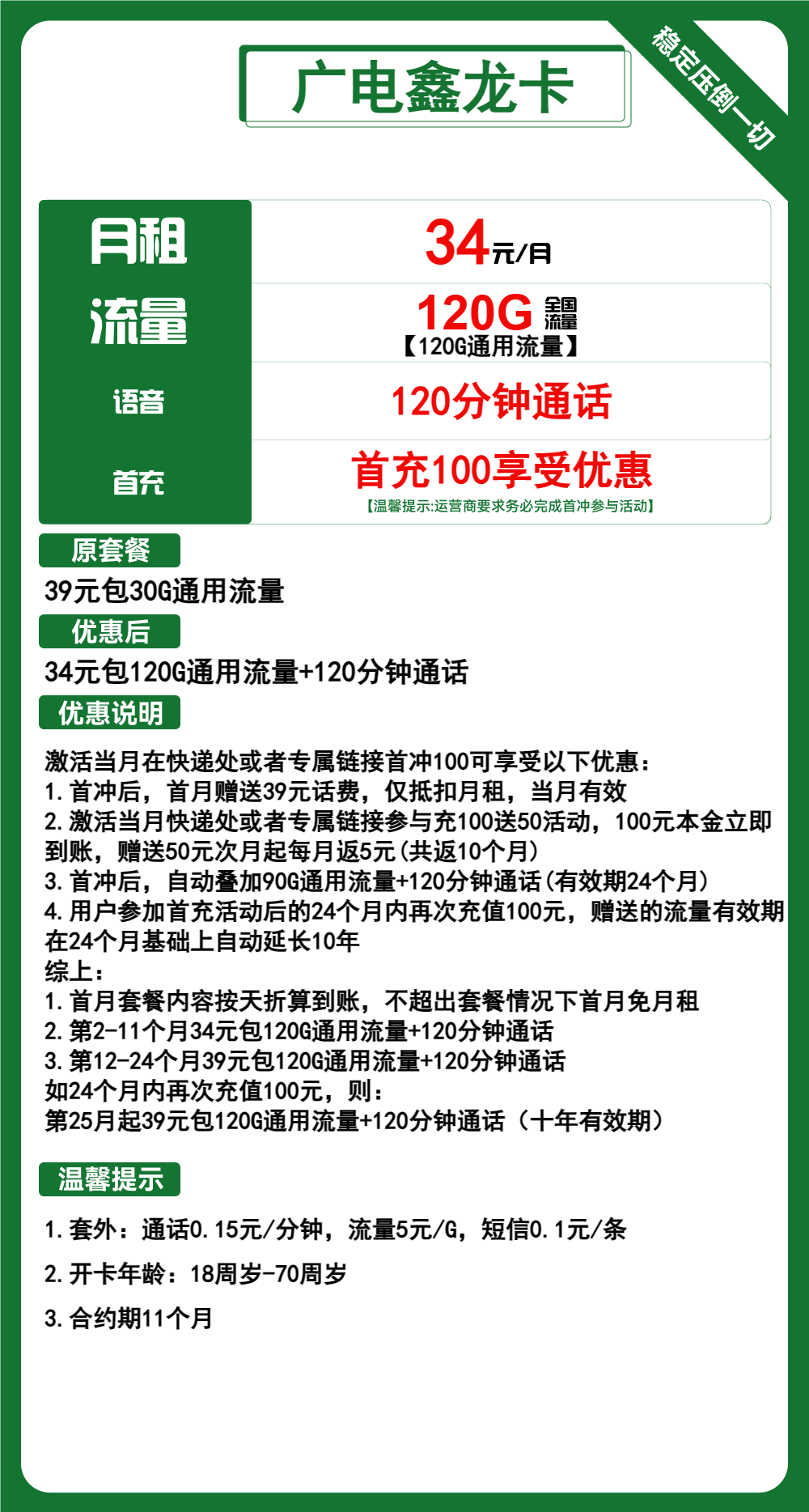 广电鑫龙卡丨鑫龙卡34元包120G通用+120分钟通话可选号 收货地为归属地 流量可结转