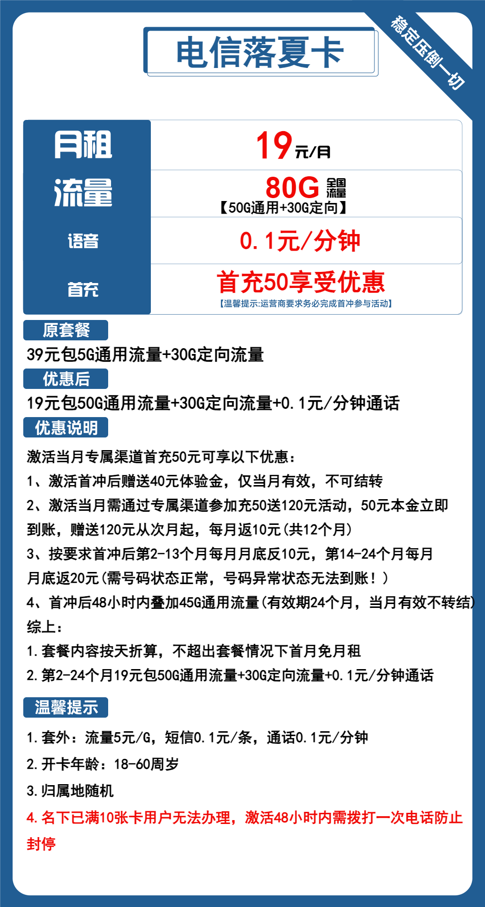 电信落夏卡丨落夏卡19元包50G通用+30G定向+通话0.1元/分钟  2年19 专属充值50