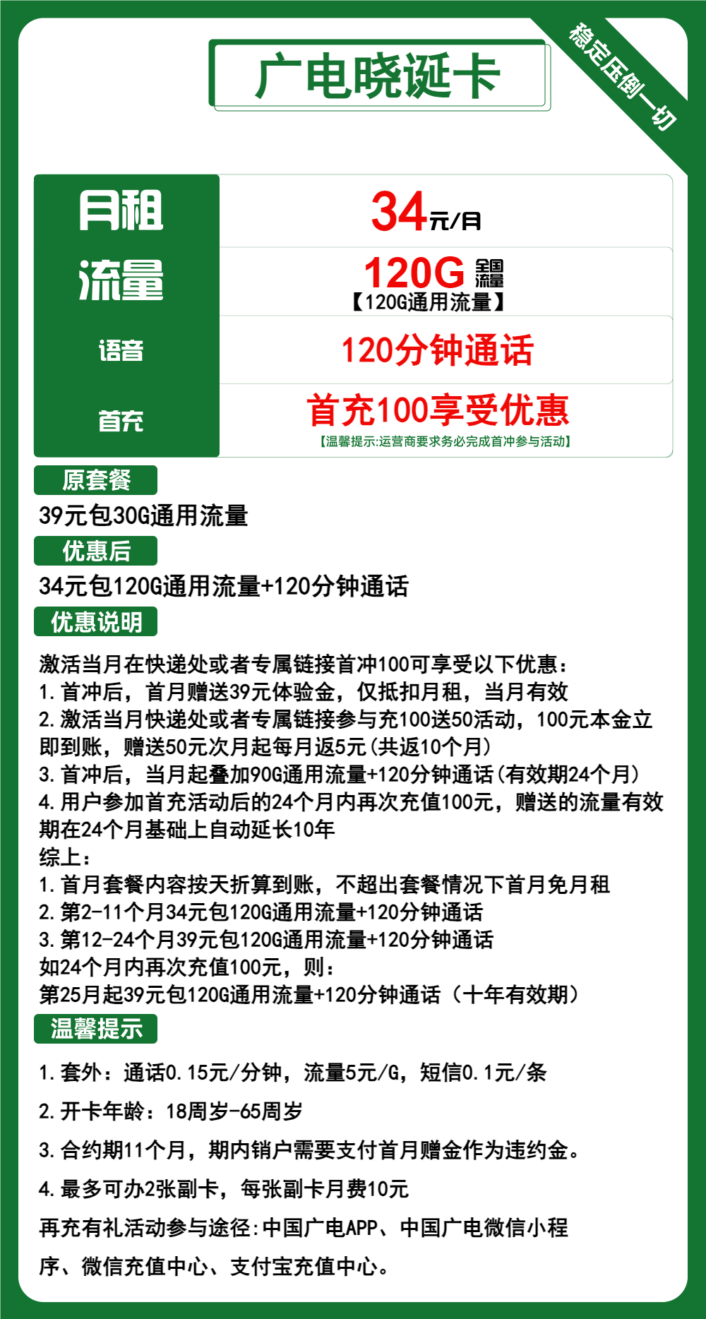 广电晓诞卡丨晓诞卡34元包120G通用+120分钟通话  可选号 收货地为当地归属地 流量结转