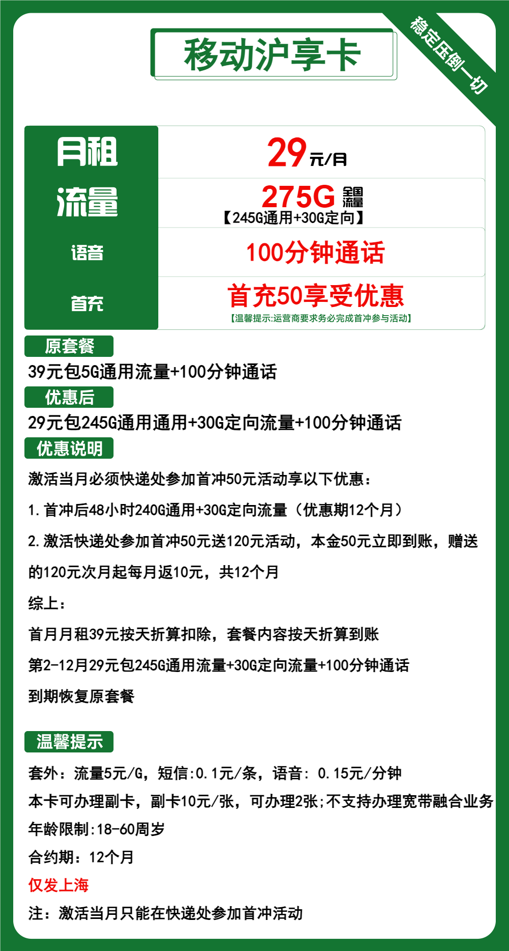 移动沪享卡丨沪享卡29元包245G通用+30G定向+100分钟通话  仅发上海