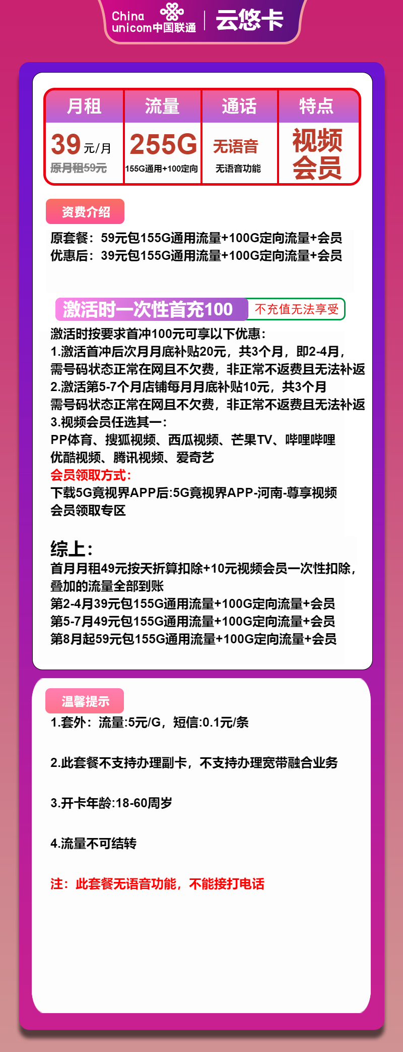 图片[1]-号卡办理-联通云悠卡-39元包155G通用+100G定向+无语音+会员-小可网络科技-号卡极团-号卡联盟