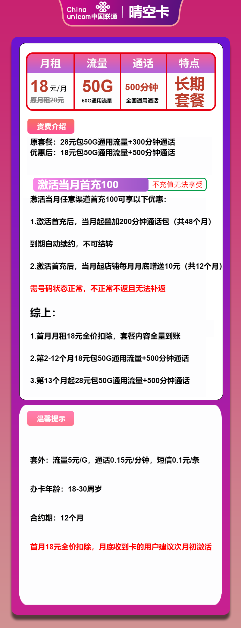 图片[1]-号卡办理-联通晴空卡-18元包50G通用+500分钟通话-小可网络科技-号卡极团-号卡联盟